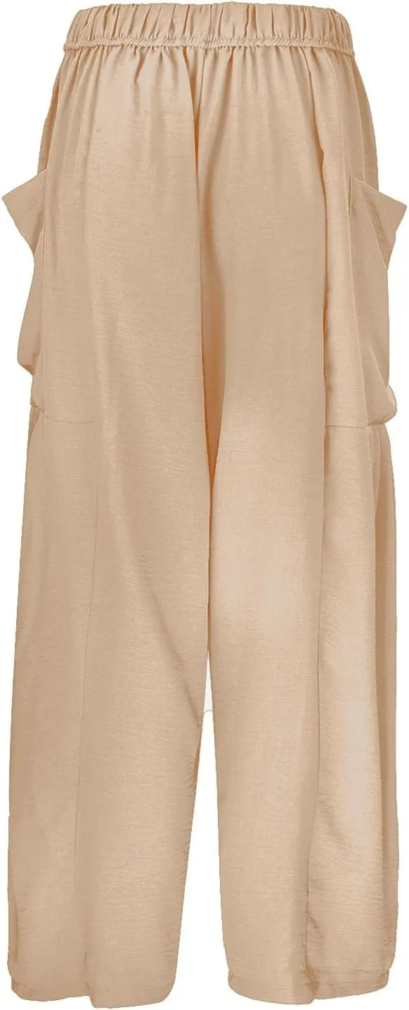 Women Linen Summer Floral Pant Trousers Elastic Waisted Wide Leg Slim-Fit Trousers Vacation