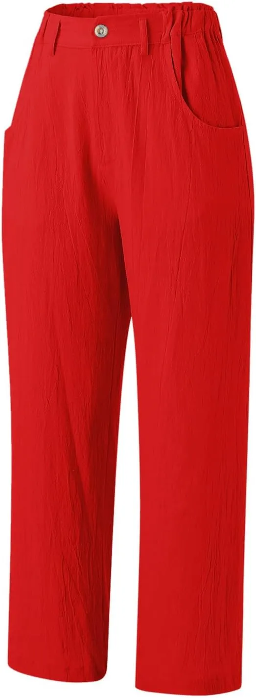 Women Linen Summer Split Flowy Palazzo Pants Low Waist Straight Loose Fit Pant Trousers Office