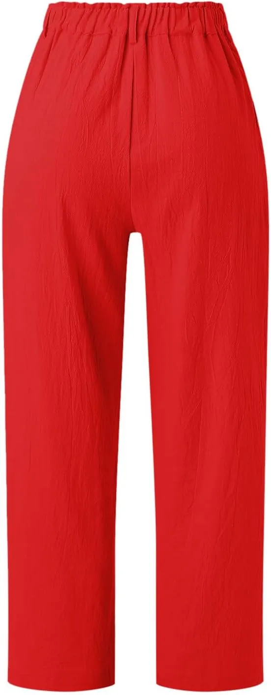 Women Linen Summer Split Flowy Palazzo Pants Low Waist Straight Loose Fit Pant Trousers Office