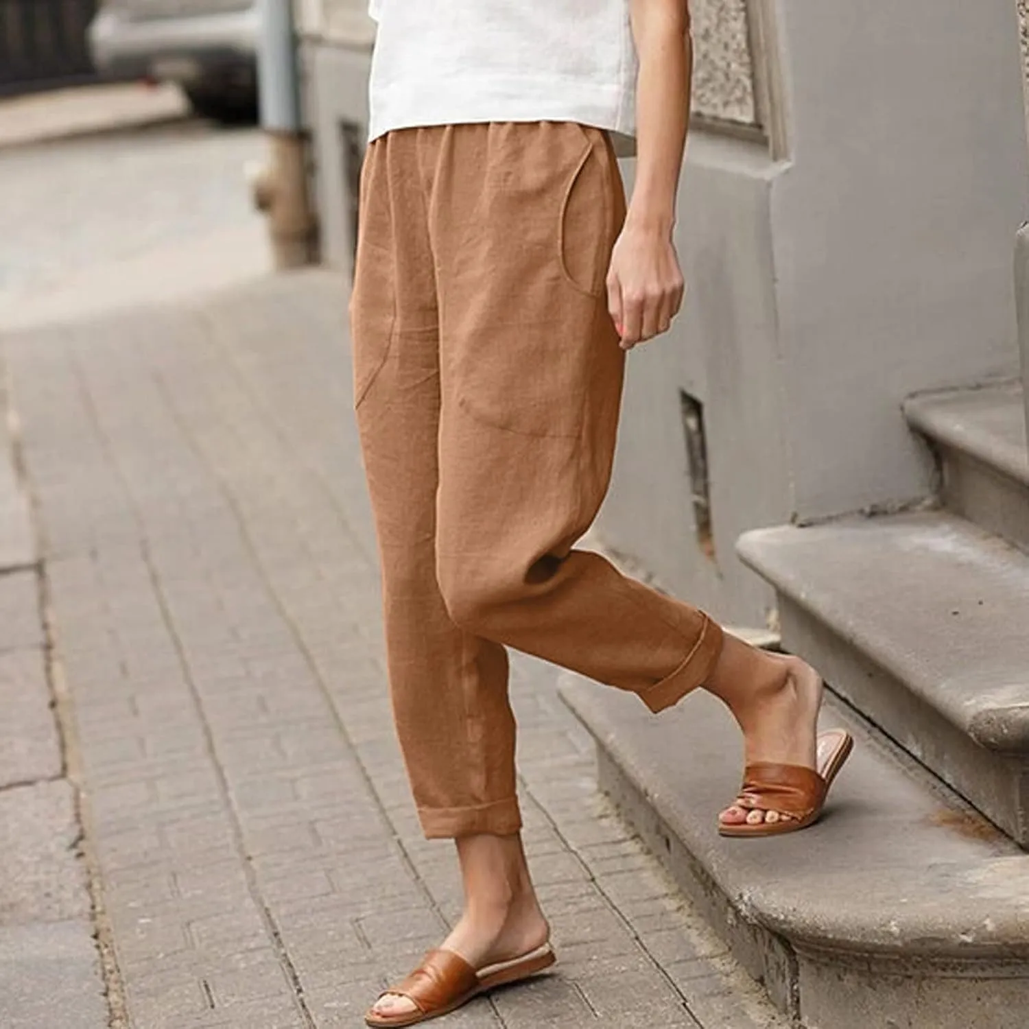 Women Linen Summer Striped Palazzo Pants Elastic Waist Bootcut Slim Fit Pant Trousers Work Business
