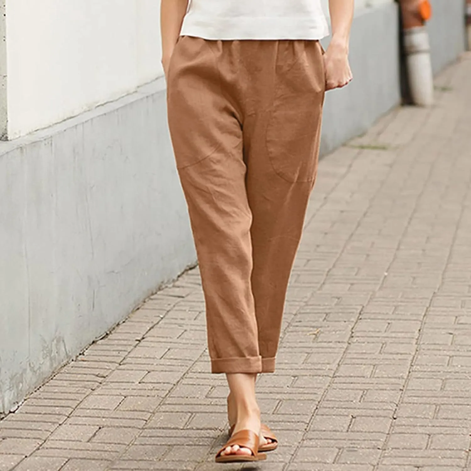 Women Linen Summer Striped Palazzo Pants Elastic Waist Bootcut Slim Fit Pant Trousers Work Business