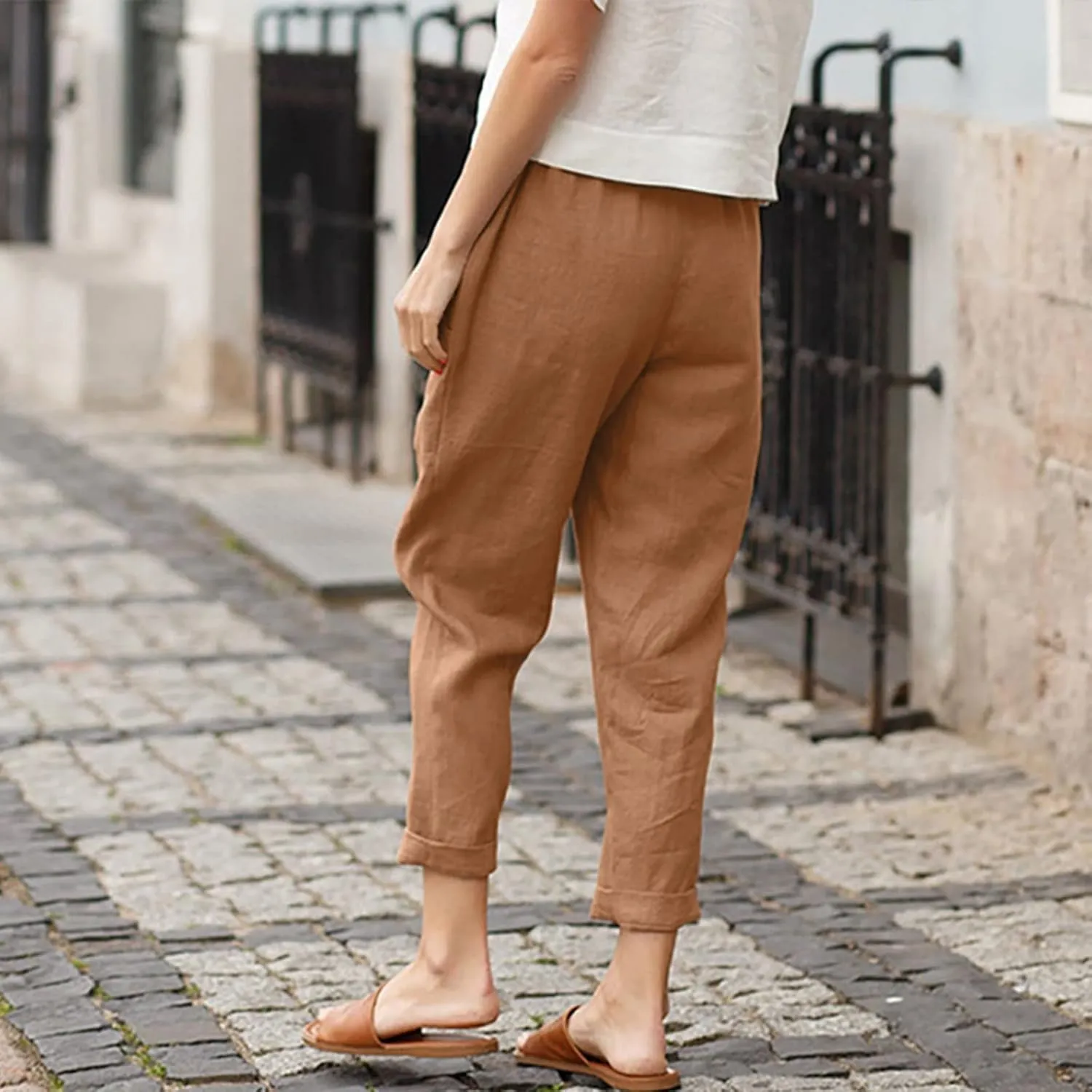 Women Linen Summer Striped Palazzo Pants Elastic Waist Bootcut Slim Fit Pant Trousers Work Business