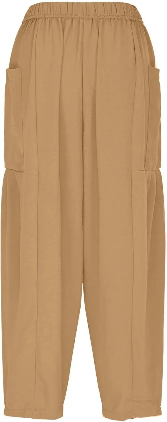 Women Linen Wide Leg Capri Pants Casual Loose Fit Lantern Trousers Drawstring Elastic Waist Palazzo Pants with Pocket