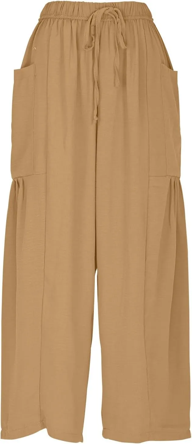 Women Linen Wide Leg Capri Pants Casual Loose Fit Lantern Trousers Drawstring Elastic Waist Palazzo Pants with Pocket