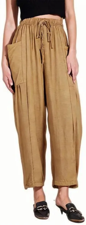 Women Linen Wide Leg Capri Pants Casual Loose Fit Lantern Trousers Drawstring Elastic Waist Palazzo Pants with Pocket