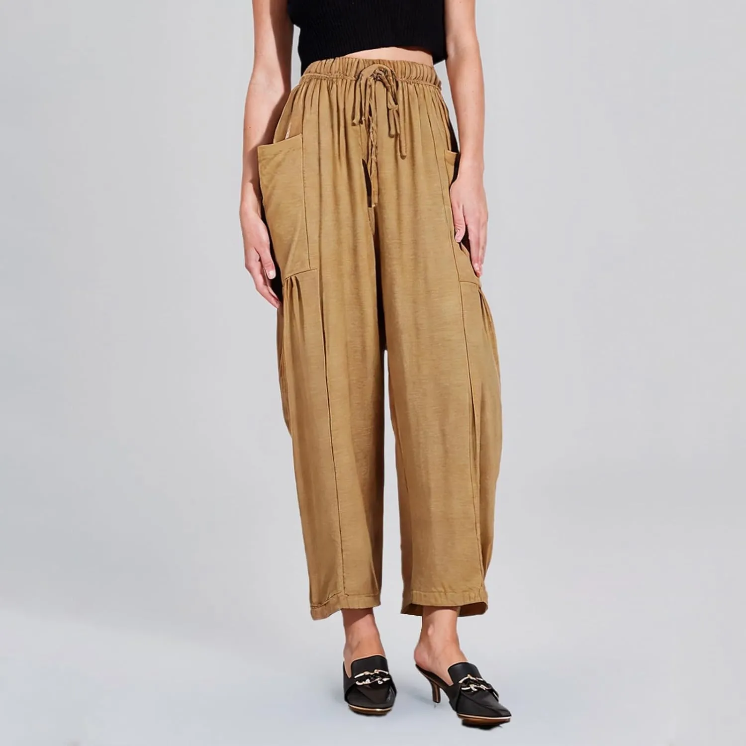 Women Linen Wide Leg Capri Pants Casual Loose Fit Lantern Trousers Drawstring Elastic Waist Palazzo Pants with Pocket