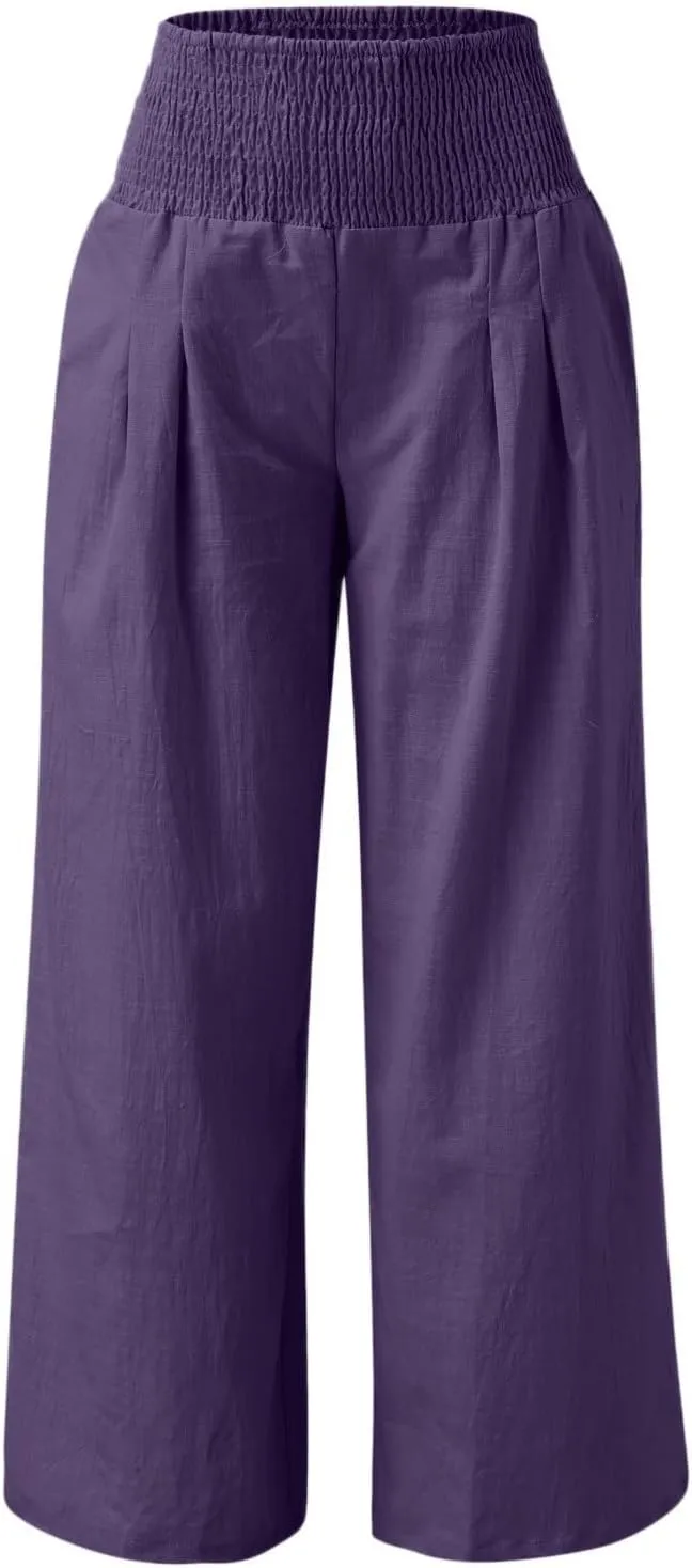 Women Palazzo Trousers 2024 Summer Linen Cotton Casual Pants Elastic High Waist Loose Fit Solid Straight Wide Leg Pants