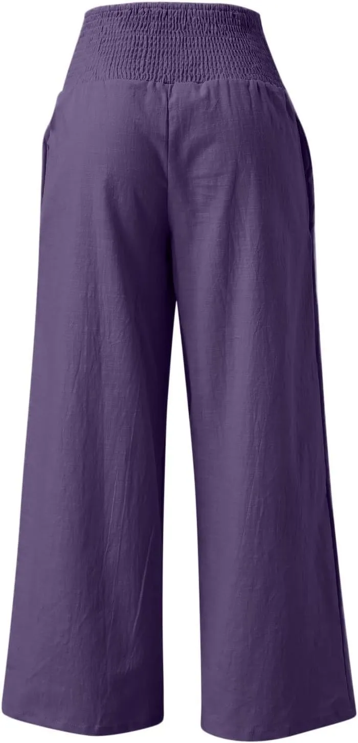 Women Palazzo Trousers 2024 Summer Linen Cotton Casual Pants Elastic High Waist Loose Fit Solid Straight Wide Leg Pants