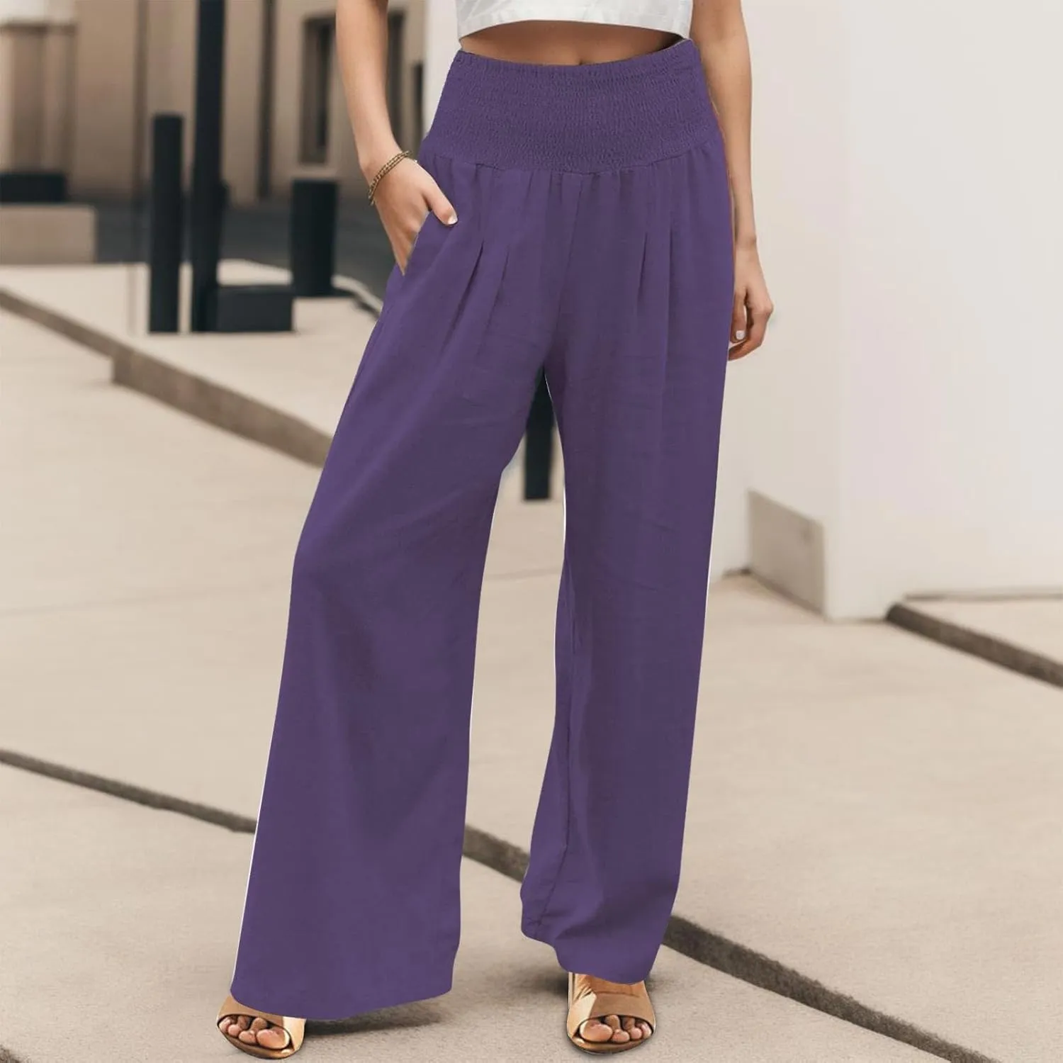 Women Palazzo Trousers 2024 Summer Linen Cotton Casual Pants Elastic High Waist Loose Fit Solid Straight Wide Leg Pants