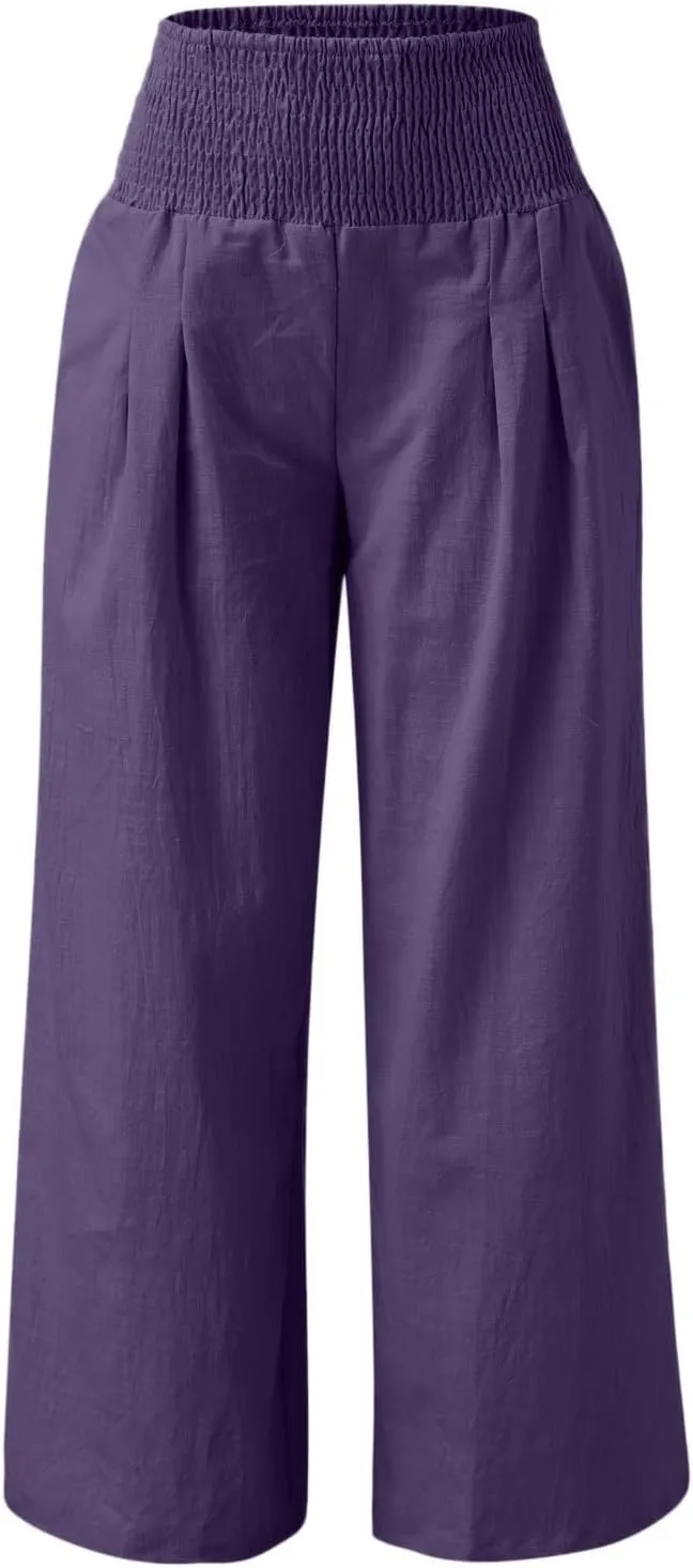 Women Palazzo Trousers 2024 Summer Linen Cotton Casual Pants Elastic High Waist Loose Fit Solid Straight Wide Leg Pants