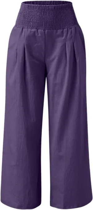Women Palazzo Trousers 2024 Summer Linen Cotton Casual Pants Elastic High Waist Loose Fit Solid Straight Wide Leg Pants