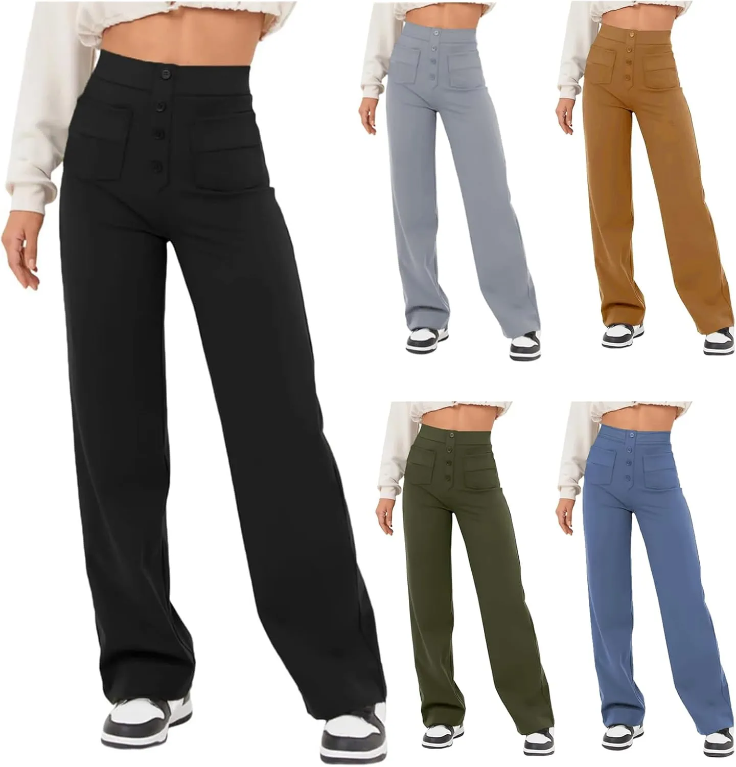 Women Pants 2025 Fashion High Waist Button Down Stretchy Work Pant Trousers Casual Straight Leg Pants with Pockets