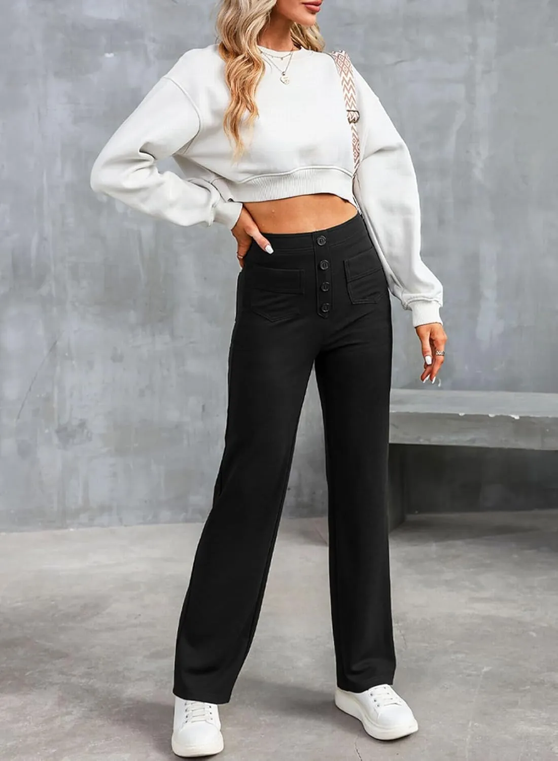 Women Pants 2025 Fashion High Waist Button Down Stretchy Work Pant Trousers Casual Straight Leg Pants with Pockets