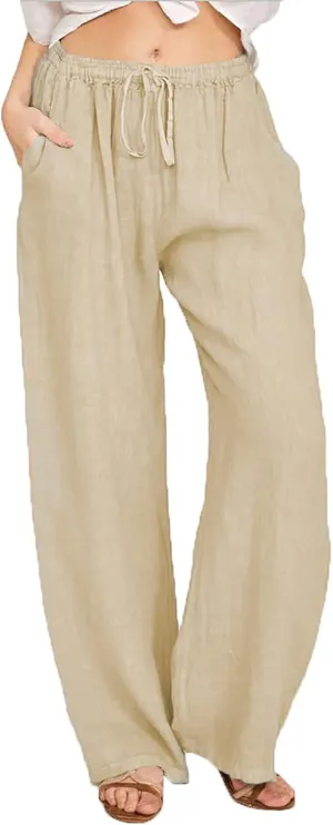 Women Summer High Waisted Cotton Linen Palazzo Pants Loose Fit Wide Leg Long Lounge Pant Trousers with Pocket