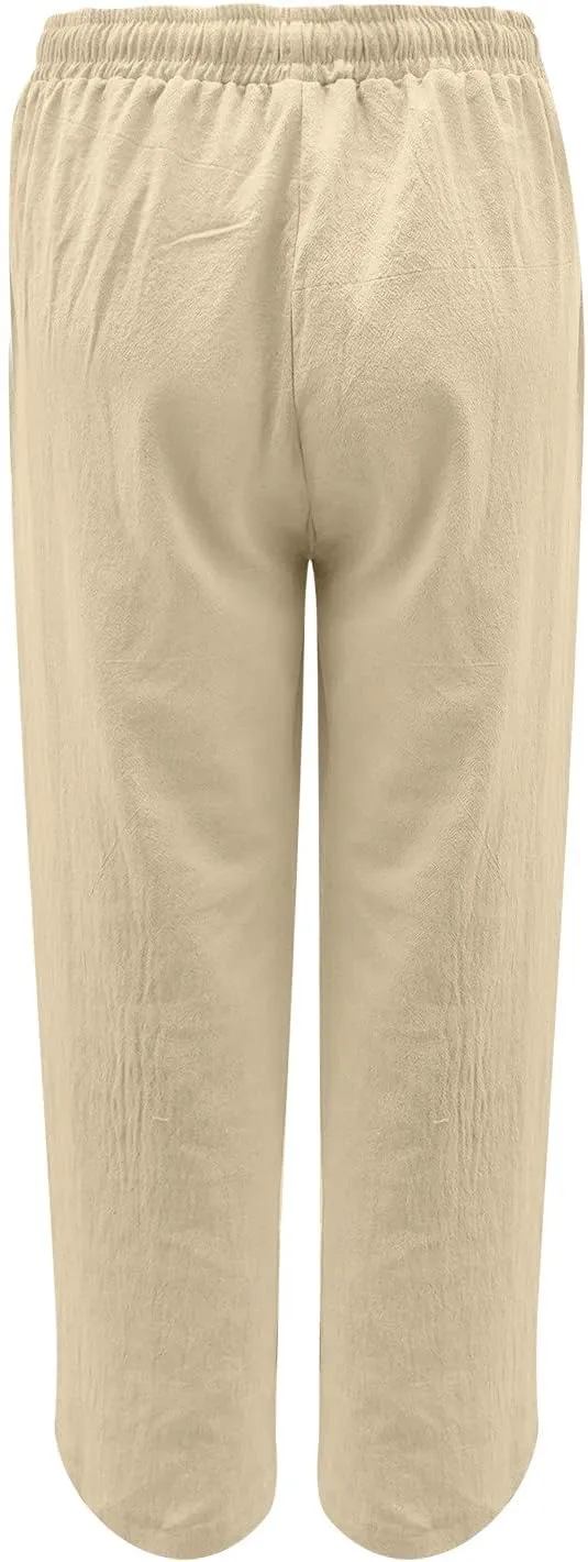 Women Summer High Waisted Cotton Linen Palazzo Pants Loose Fit Wide Leg Long Lounge Pant Trousers with Pocket