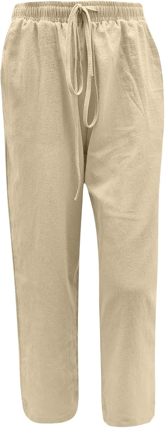 Women Summer High Waisted Cotton Linen Palazzo Pants Loose Fit Wide Leg Long Lounge Pant Trousers with Pocket