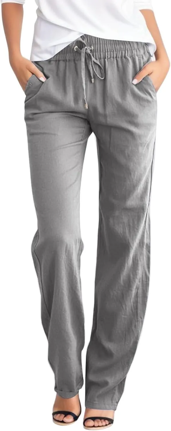 Women Summer Straight Leg Pants Linen Cotton Comy Baggy Casual Trousers Drawstring Elastic Waist Solid Pants with Pocket
