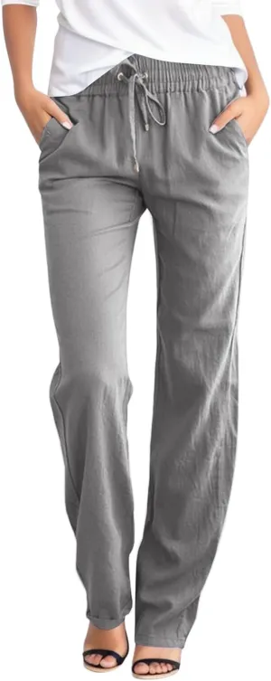 Women Summer Straight Leg Pants Linen Cotton Comy Baggy Casual Trousers Drawstring Elastic Waist Solid Pants with Pocket