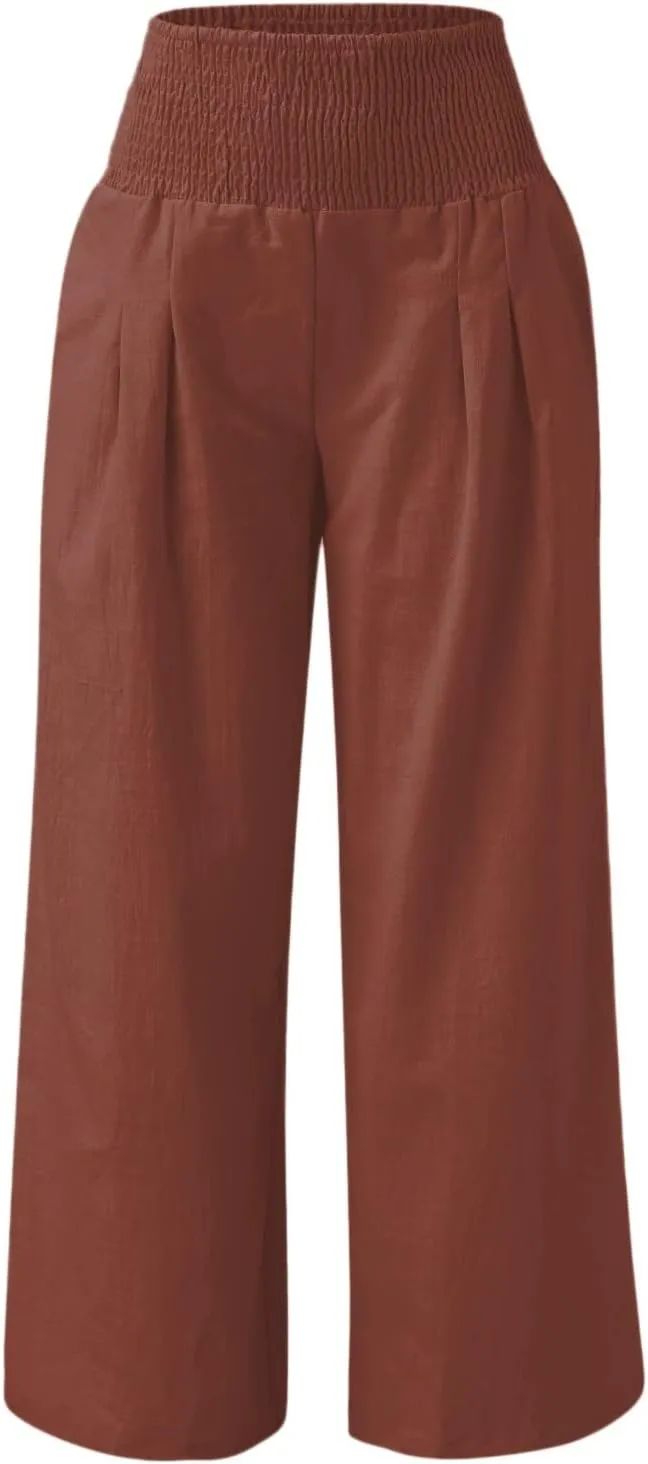 Women Summer Wide Leg Pants Cotton Linen Elastic High Waisted Palazzo Trousers Casual Loose Solid Straight Wide Leg Pants