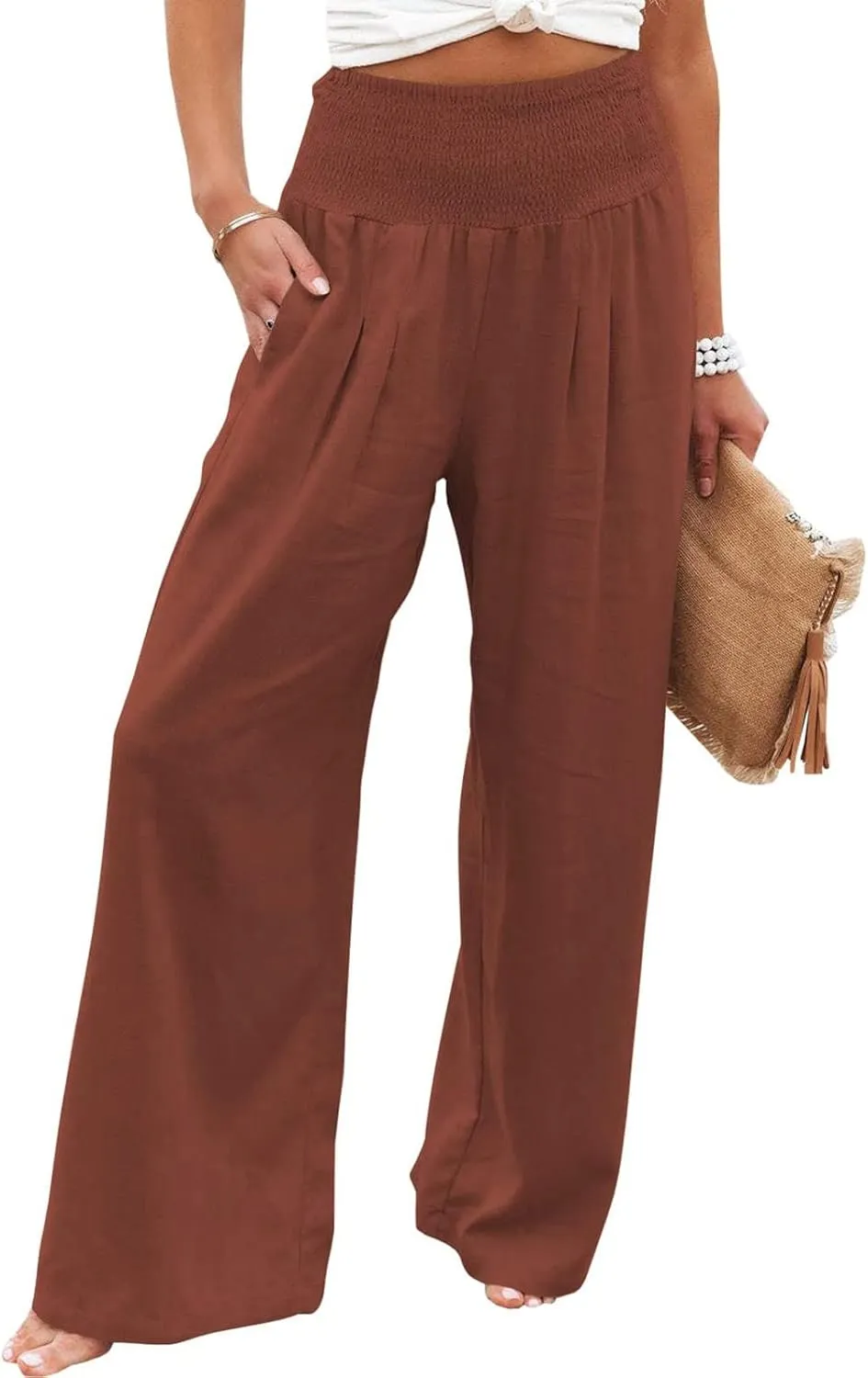 Women Summer Wide Leg Pants Cotton Linen Elastic High Waisted Palazzo Trousers Casual Loose Solid Straight Wide Leg Pants