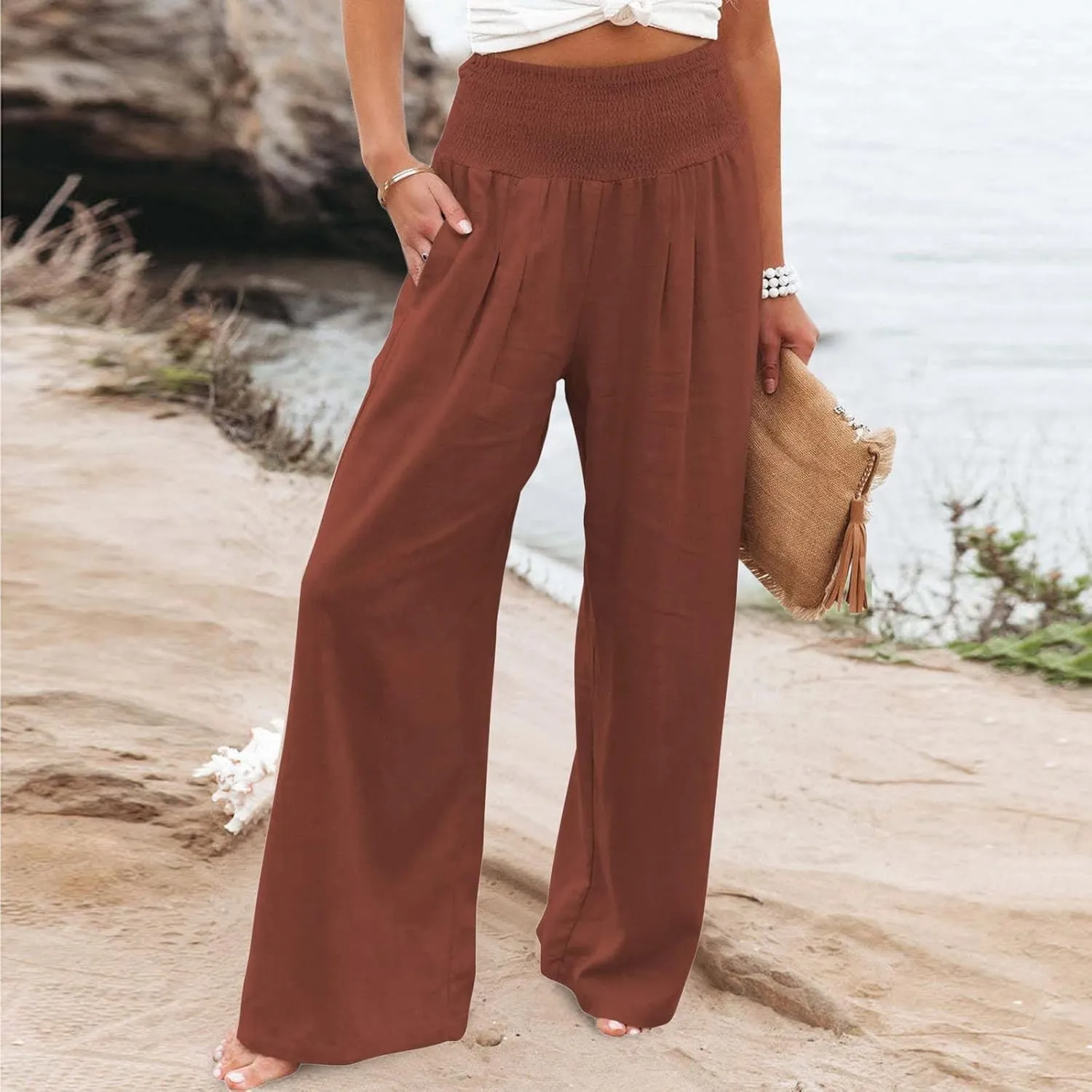 Women Summer Wide Leg Pants Cotton Linen Elastic High Waisted Palazzo Trousers Casual Loose Solid Straight Wide Leg Pants