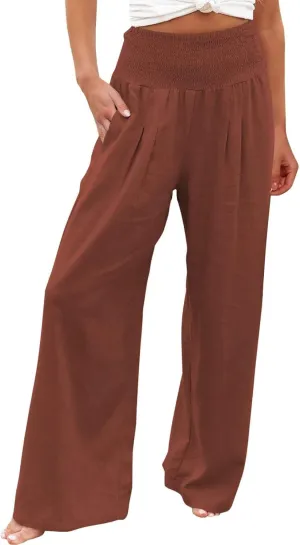 Women Summer Wide Leg Pants Cotton Linen Elastic High Waisted Palazzo Trousers Casual Loose Solid Straight Wide Leg Pants