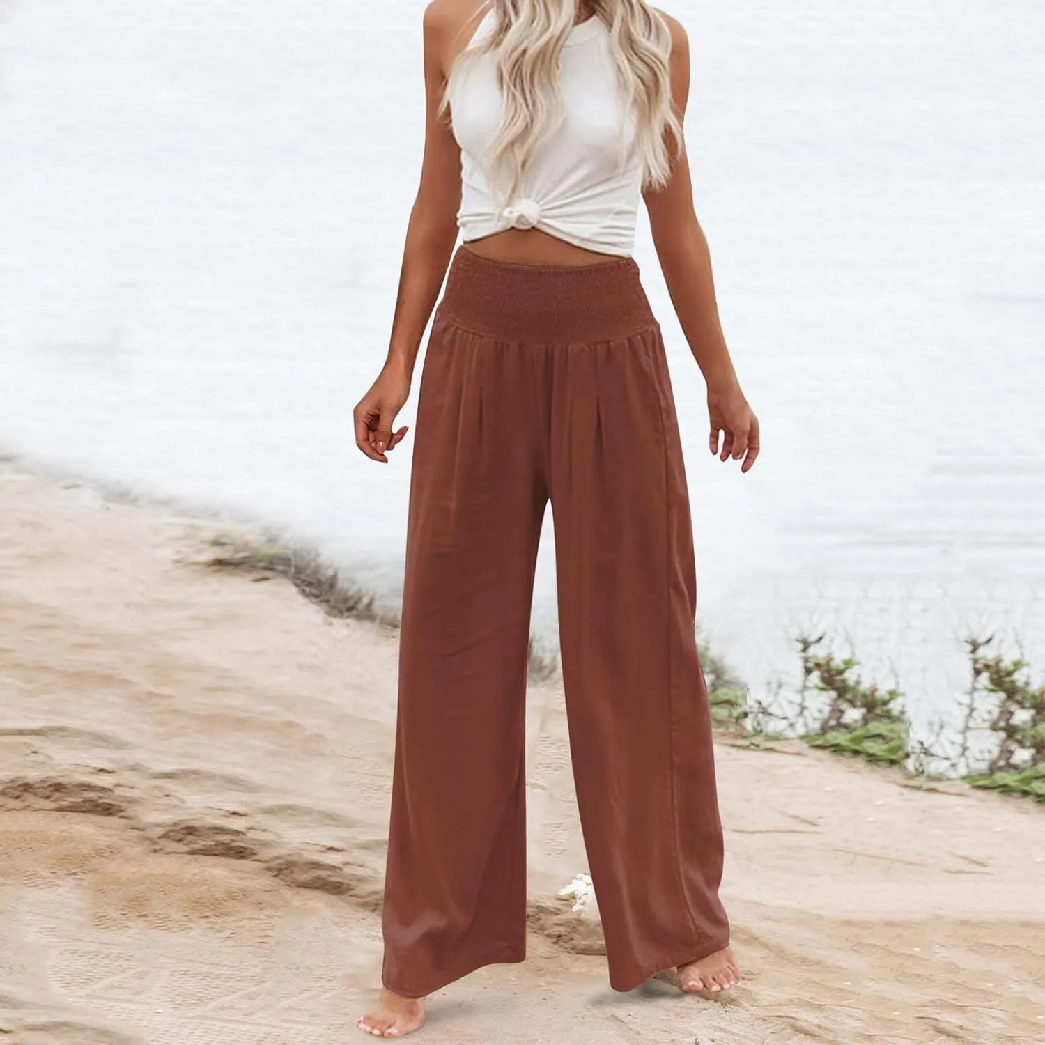 Women Summer Wide Leg Pants Cotton Linen Elastic High Waisted Palazzo Trousers Casual Loose Solid Straight Wide Leg Pants