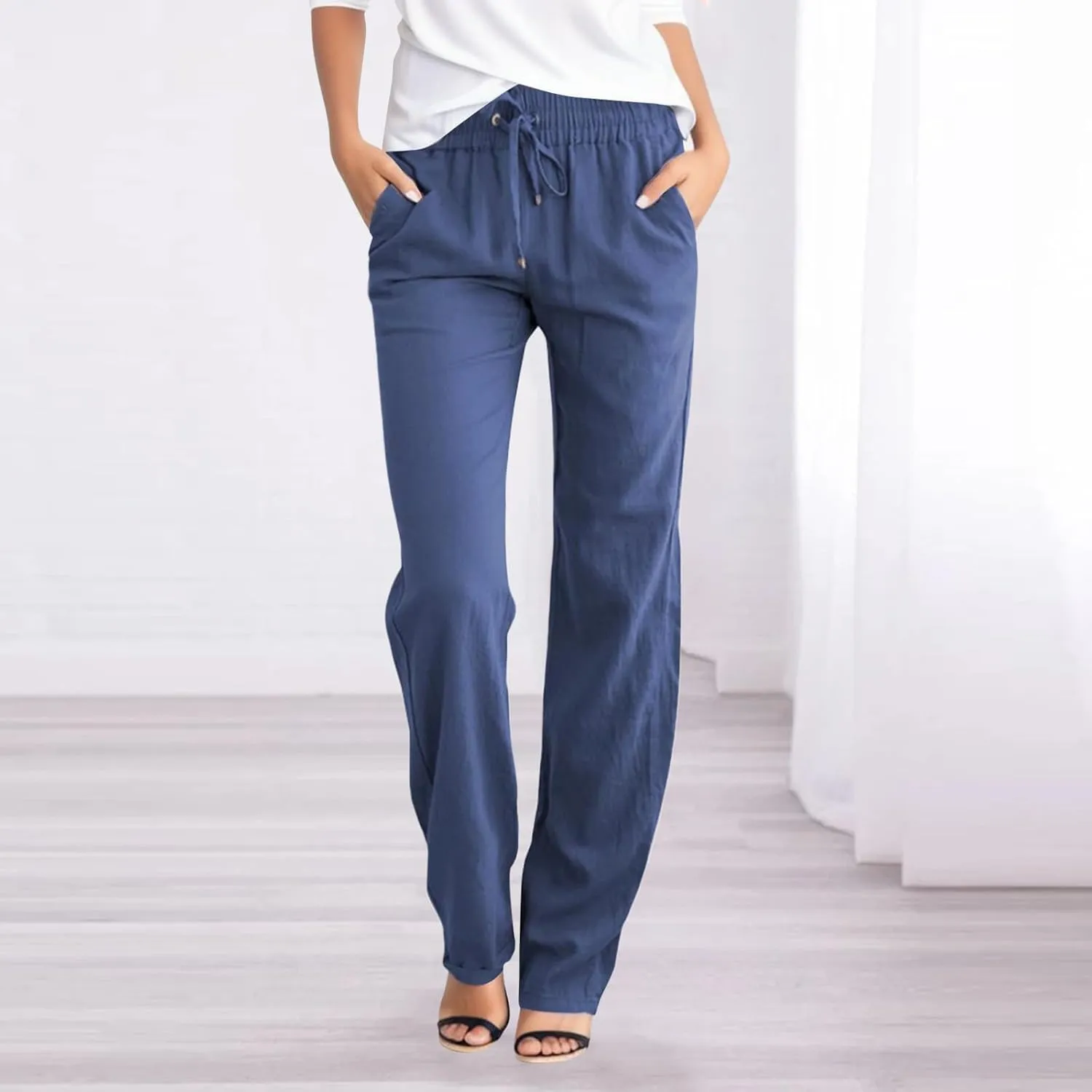 Women Sweatpants Straight Leg Cotton Linen Long Pants Summer Drawstring Lounge Trousers Trendy Casual 2024 Trouser