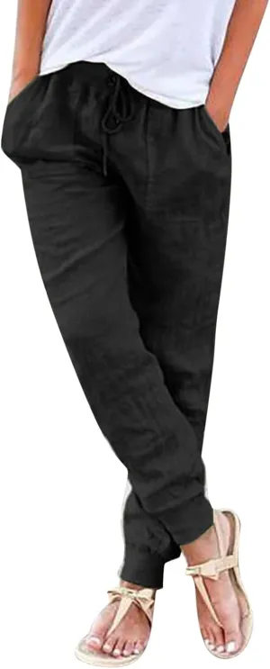 Women Tapered Pants Cotton Linen Drawstring Back Elastic Waist Trousers Casual Summer Plus Size Joggers with Pockets