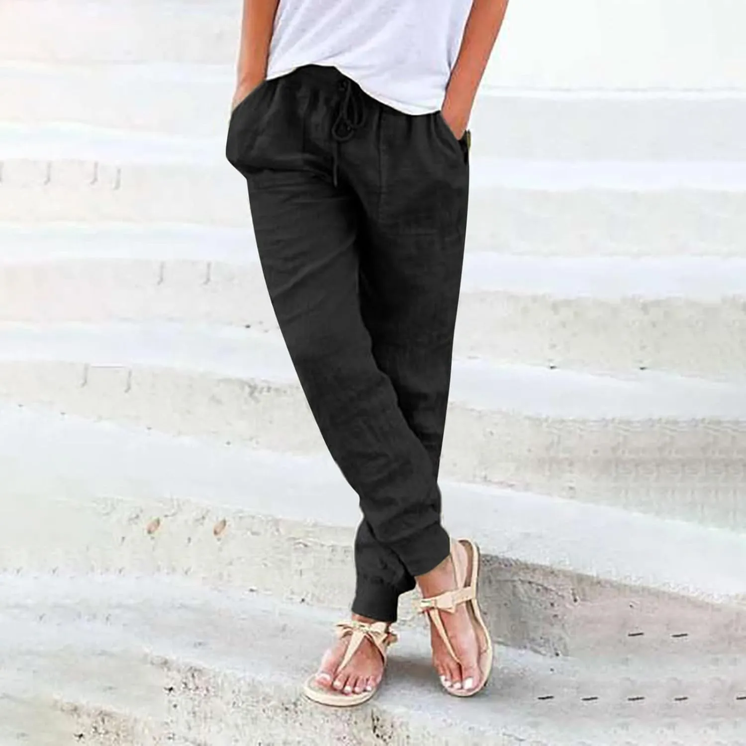 Women Tapered Pants Cotton Linen Drawstring Back Elastic Waist Trousers Casual Summer Plus Size Joggers with Pockets