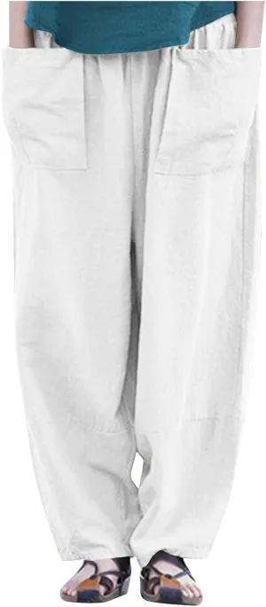 Women Vintage Cotton Linen Pants Casual Solid Color Pant 2025 Summer Loose Lightweight Trousers with Pockets