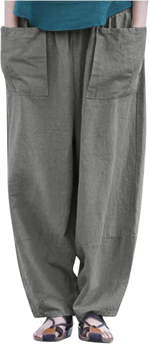 Women Vintage Cotton Linen Pants Casual Solid Color Pant 2025 Summer Loose Lightweight Trousers with Pockets