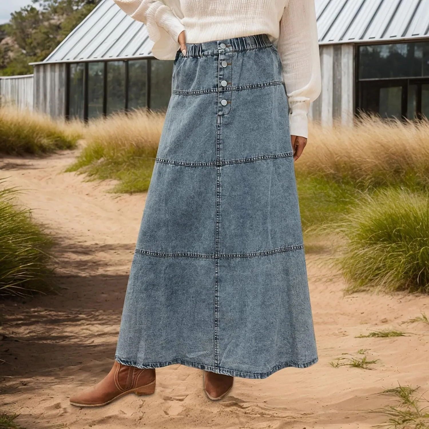 Women Vintage Denim Maxi Skirt Frayed Raw Hem High Waist A-Line Long Jean Skirt 2025 Summer Streetwear with Pockets