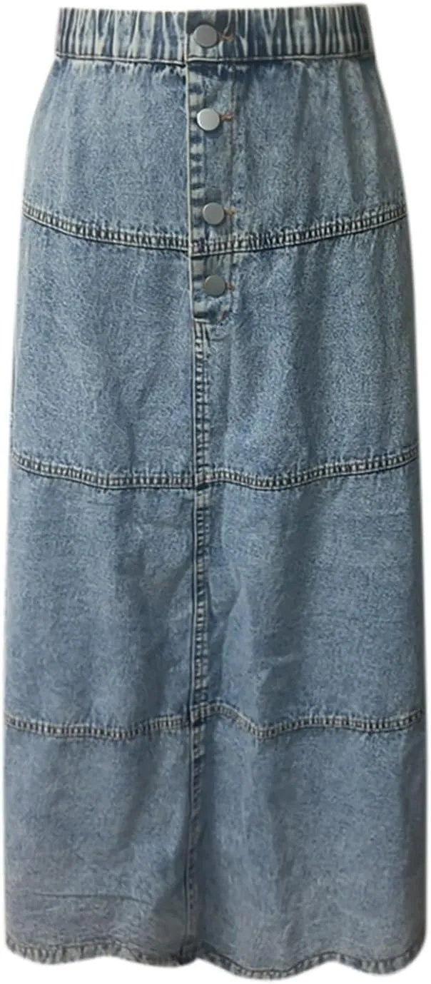 Women Vintage Denim Maxi Skirt Frayed Raw Hem High Waist A-Line Long Jean Skirt 2025 Summer Streetwear with Pockets