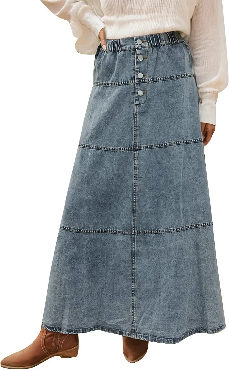 Women Vintage Denim Maxi Skirt Frayed Raw Hem High Waist A-Line Long Jean Skirt 2025 Summer Streetwear with Pockets