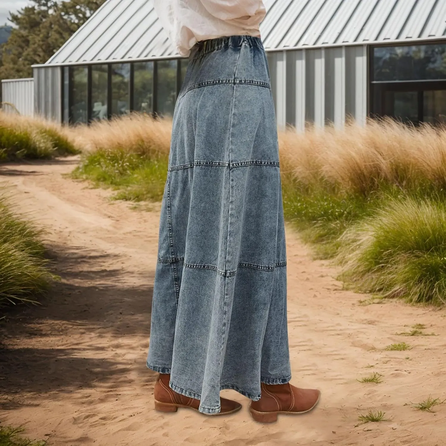 Women Vintage Denim Maxi Skirt Frayed Raw Hem High Waist A-Line Long Jean Skirt 2025 Summer Streetwear with Pockets