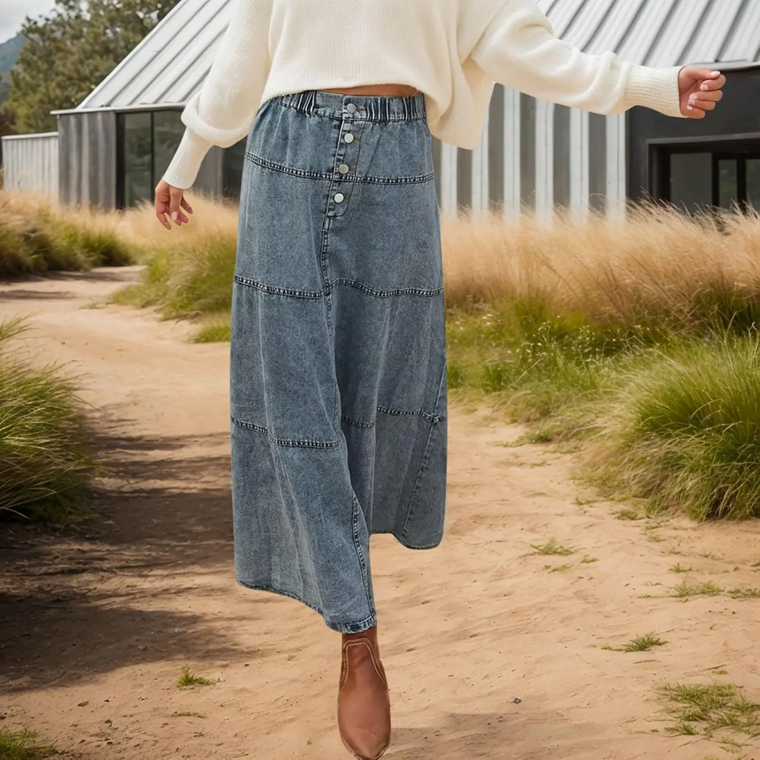 Women Vintage Denim Maxi Skirt Frayed Raw Hem High Waist A-Line Long Jean Skirt 2025 Summer Streetwear with Pockets