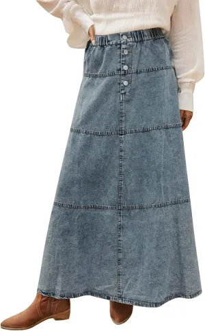 Women Vintage Denim Maxi Skirt Frayed Raw Hem High Waist A-Line Long Jean Skirt 2025 Summer Streetwear with Pockets