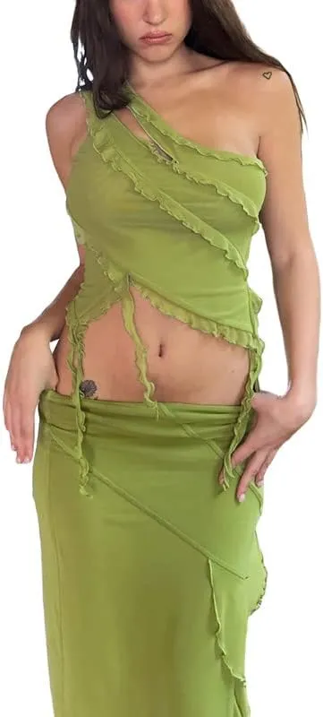 Women Y2K Fairy Grunge Midi Skirt Vintage Boho Elastic Waist A Line Layer Ruffle Swing Maxi Skirt E-Girls Streetwear
