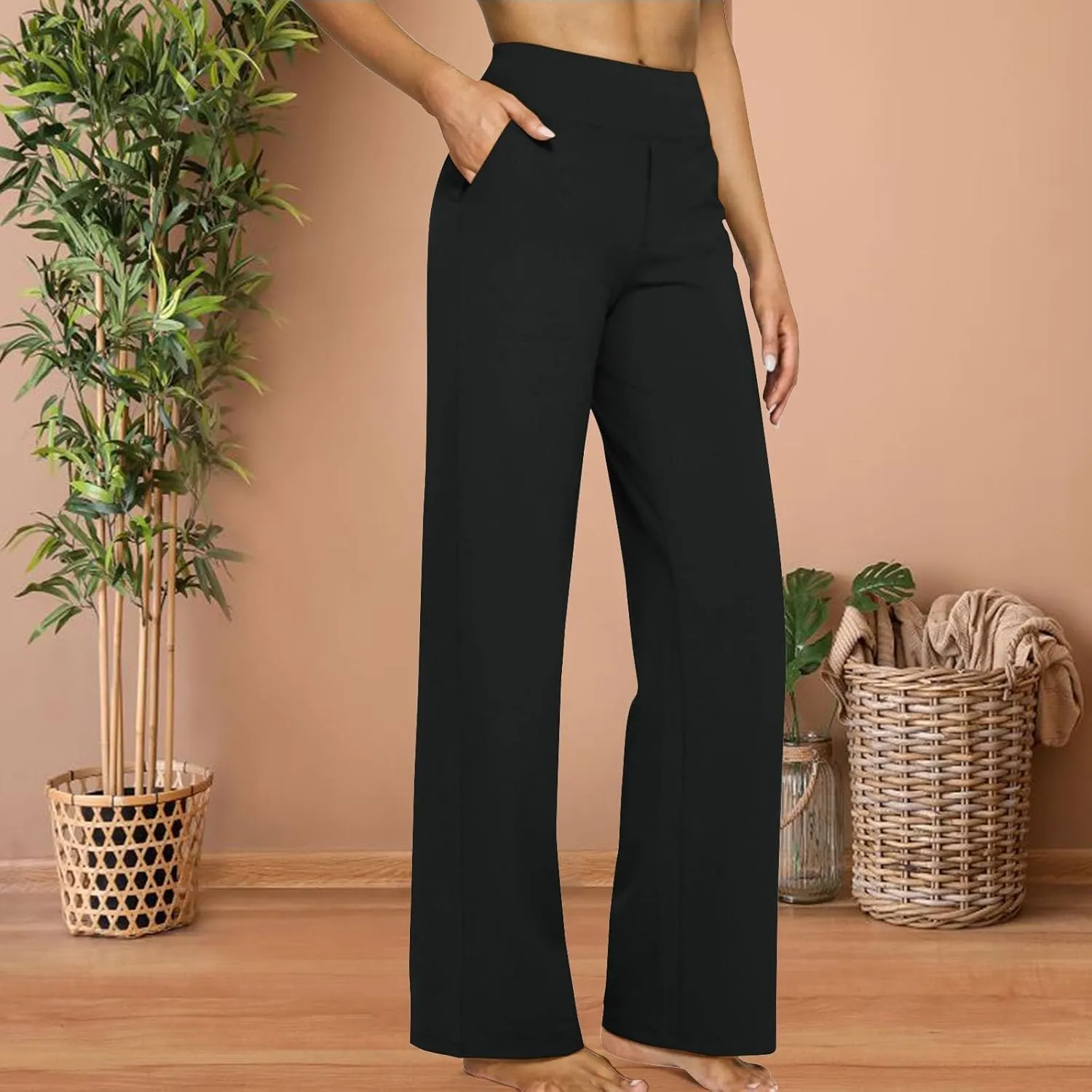 Women Yoga Pants High Waist Wide Leg Work Pants Comfy Stretch Lounge Trousers Solid Flare Sweatpants with Pockets