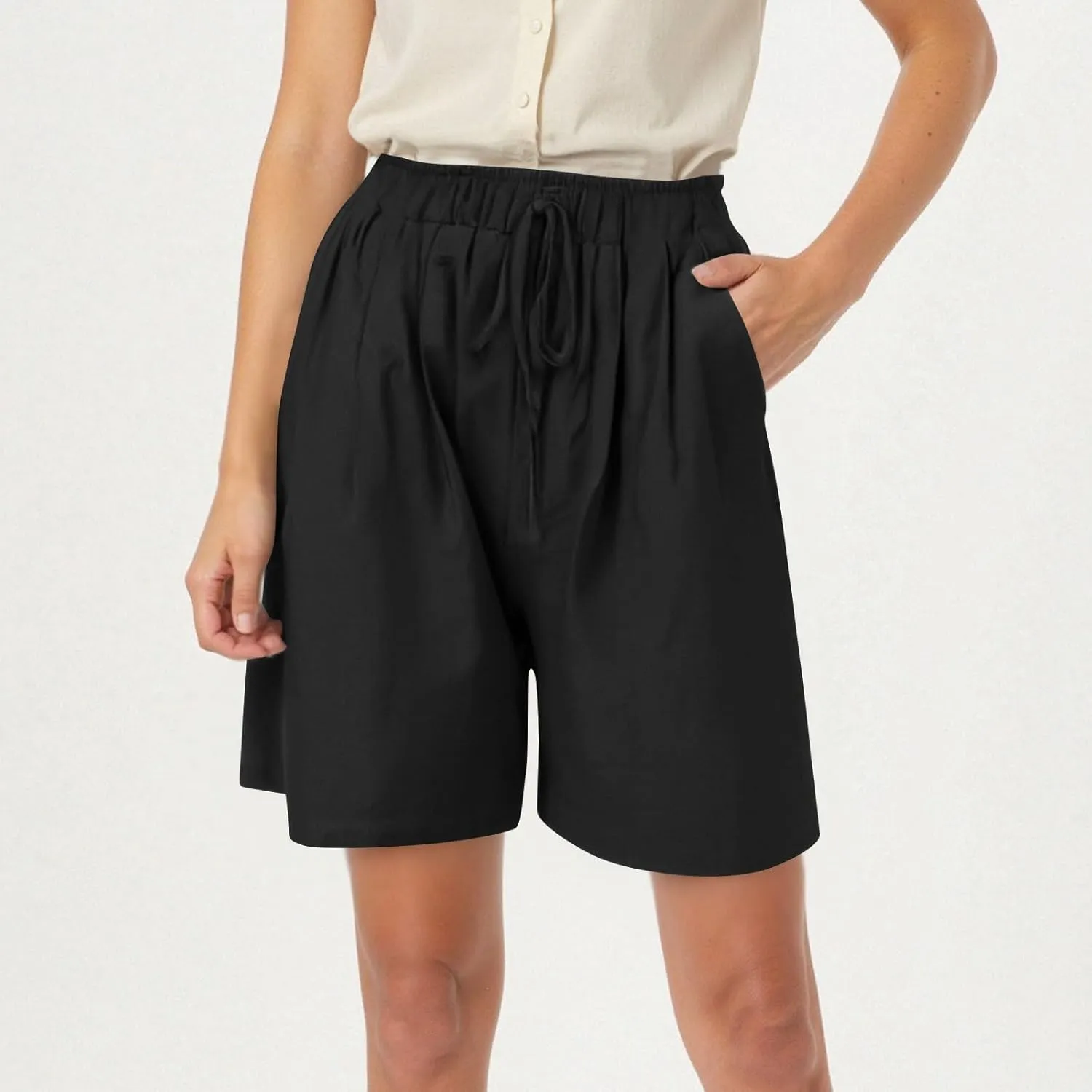 Womens Bermuda Linen Shorts Wide Leg Elastic High Waisted Shorts Casual Summer Flowy Trouser Short Pants with Pockets