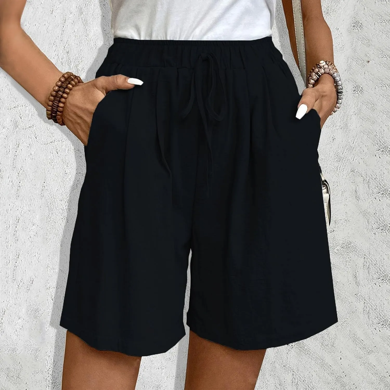 Womens Bermuda Linen Shorts Wide Leg Elastic High Waisted Shorts Casual Summer Flowy Trouser Short Pants with Pockets