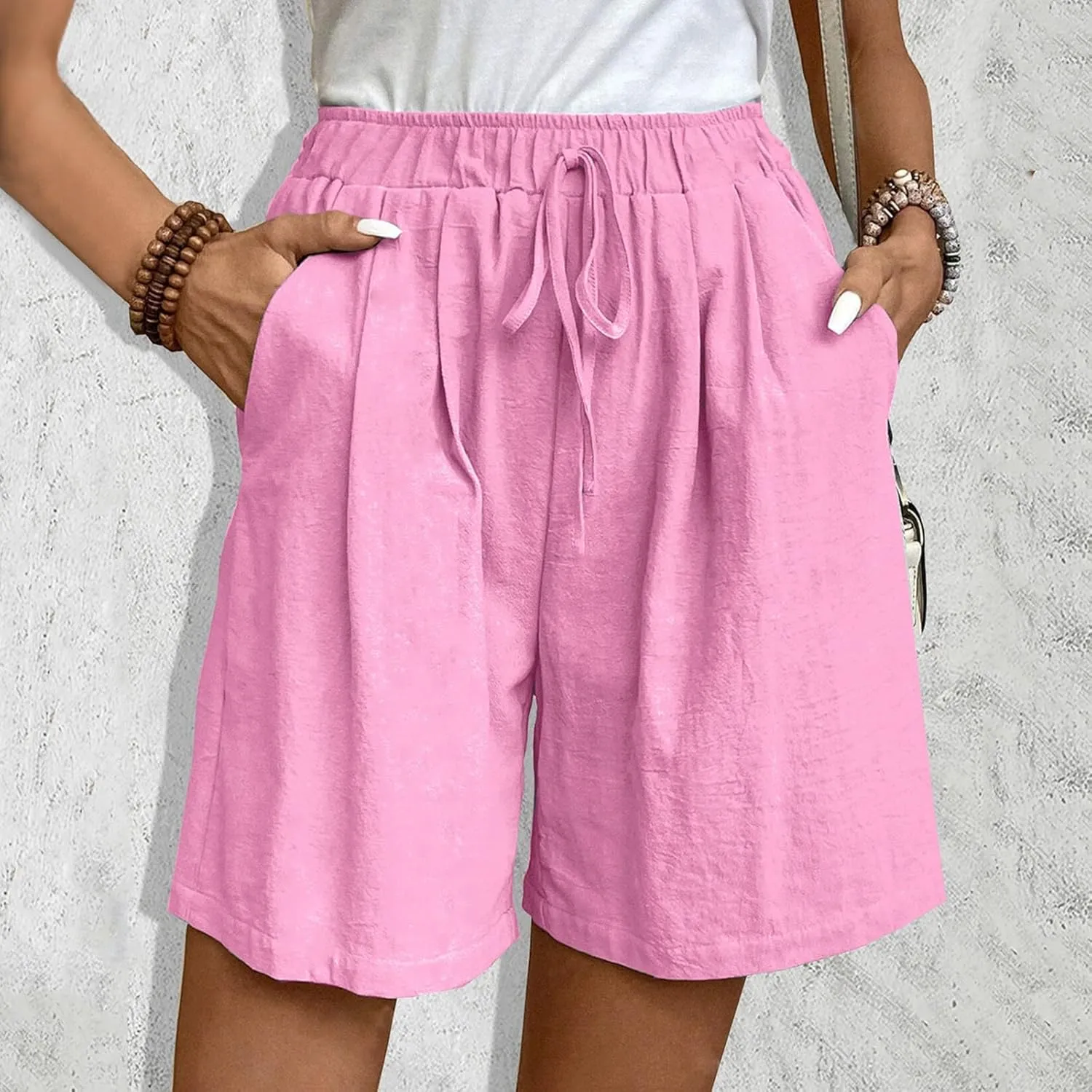 Womens Bermuda Linen Shorts Wide Leg Elastic High Waisted Shorts Casual Summer Flowy Trouser Short Pants with Pockets