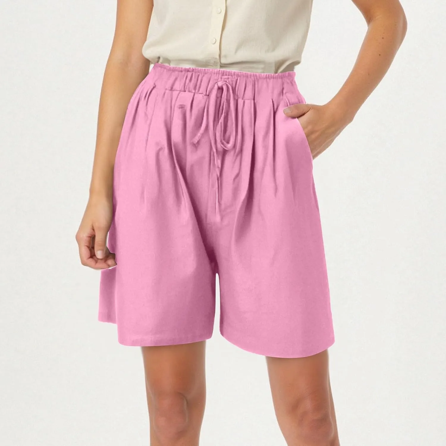 Womens Bermuda Linen Shorts Wide Leg Elastic High Waisted Shorts Casual Summer Flowy Trouser Short Pants with Pockets