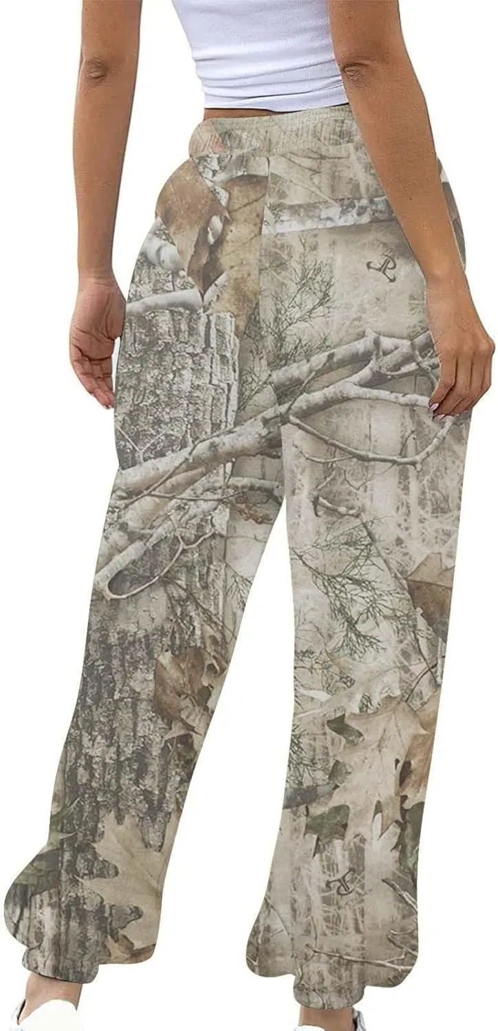 Womens Camo Pants Casual Elastic Waist Wide Leg Pants Lightweight Baggy Sweatpants with Pocket