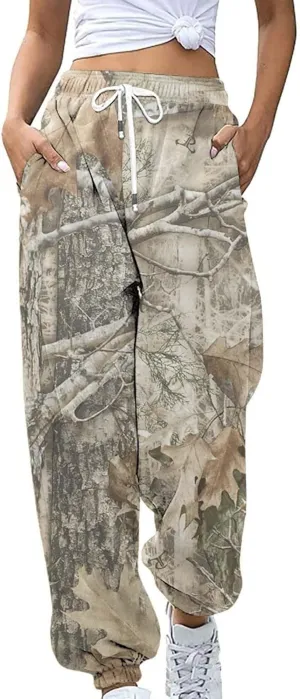 Womens Camo Pants Casual Elastic Waist Wide Leg Pants Lightweight Baggy Sweatpants with Pocket