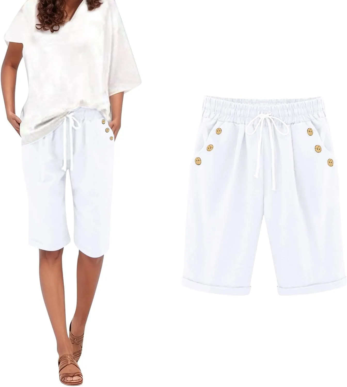 Women's Capri Pants Cotton and Linen Summer Loose Elastic Waist Workout Sweatpants Causal Lounge Pants with Pockets