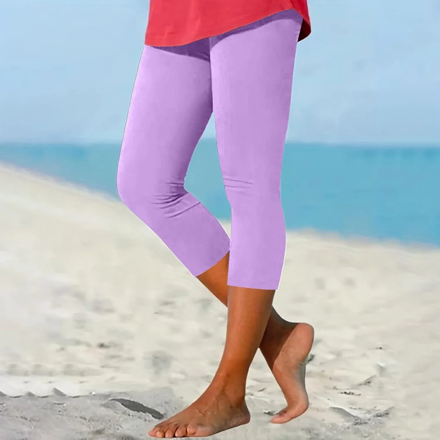 Women's Capri Yoga Pants Stretch High Waist Elastic Cropped Pants Resort Beach Leggings Casual Summer Pedal Pushers