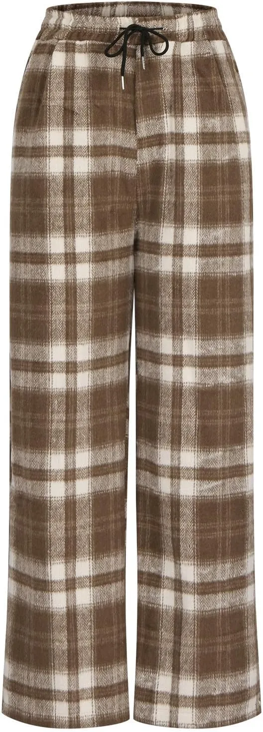 Women's Casual Fashion Plaid Wide Leg Pants Drawstring Elastic High Waist Loose Fit Comfy Palazzo Trousers with Pockets