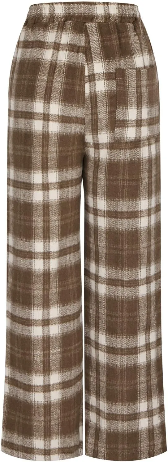Women's Casual Fashion Plaid Wide Leg Pants Drawstring Elastic High Waist Loose Fit Comfy Palazzo Trousers with Pockets